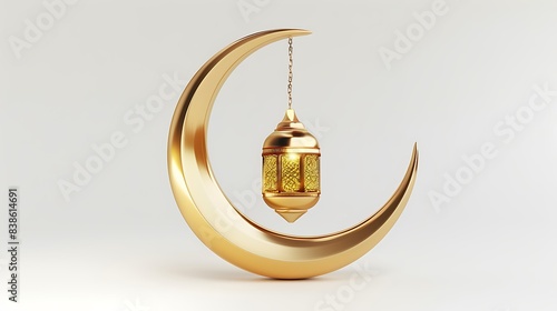 Islamic Gold Crescent Moon and Islamic Gold Lantern on White Background : Suitable for Be Used in Blog Posts, Social Media Posts or Website Content Related to Islamic Theme.