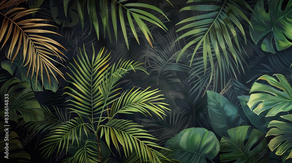 Beautiful nature background of vertical garden with tropical green leaf. Mural wallpaper. AI generated illustration Beautiful nature background of vertical garden with tropical green leaf. Mural wallpaper. AI generated illustration