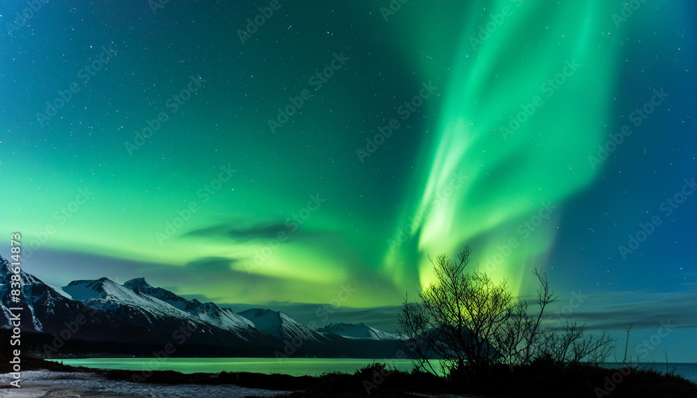 Vibrant aurora borealis illuminates dark northern sky Vibrant aurora borealis illuminates dark northern sky
