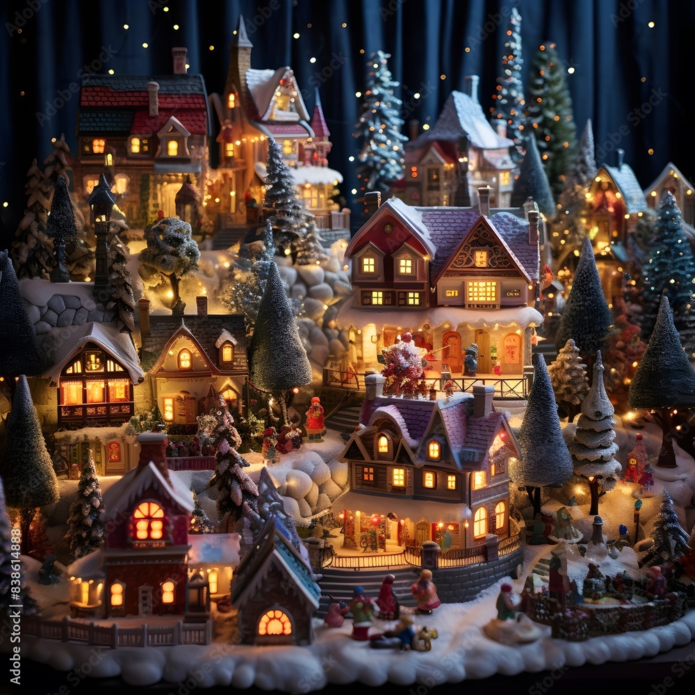 Christmas and New Year miniature scene with houses, trees and snowflakes