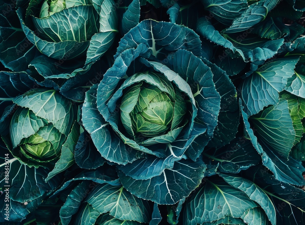 Close up of green cabbage heads growing in the garden, textured background with copy space. Close up of green cabbage heads growing in the garden, textured background with copy space.
