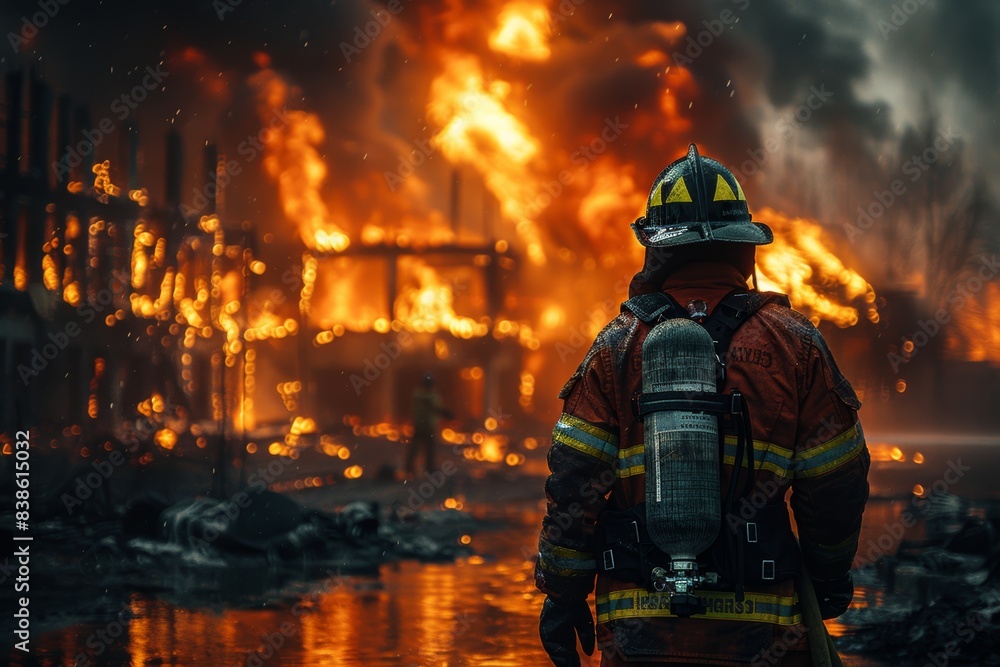 Firefighter battles megafire at production site, rear view Firefighter battles megafire at production site, rear view