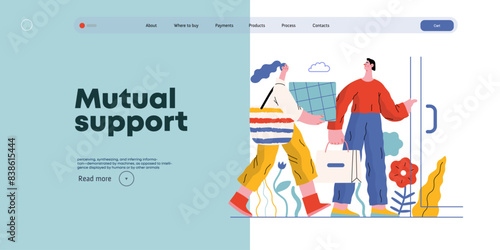 Mutual Support: Door Holding - modern flat vector concept illustration of woman carrying heavy box and man holding door for her. A metaphor of voluntary, collaborative exchanges of resource, services