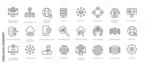 Information technology minimal thin line icons. Related technology, artificial intelligence, network, digital, data. Editable stroke. Vector illustration.