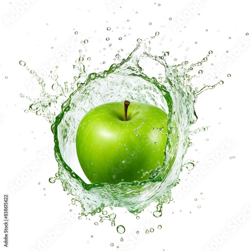 Green apple with water splashing isolated on white background