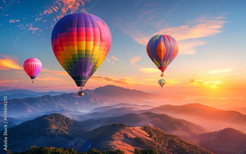 Colorful hot air balloons floating over mountains at sunrise. A wide view of the beautiful landscape with flying balloons, colorful rocks and misty valley Colorful hot air balloons floating over mountains at sunrise. A wide view of the beautiful landscape with flying balloons, colorful rocks and misty valley
