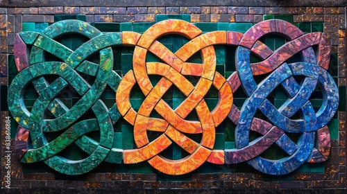 Colorful Celtic Knot Artwork Featuring Intricate Interwoven Patterns in Green, Orange, and Blue Tones on a Rustic Wooden Background photo