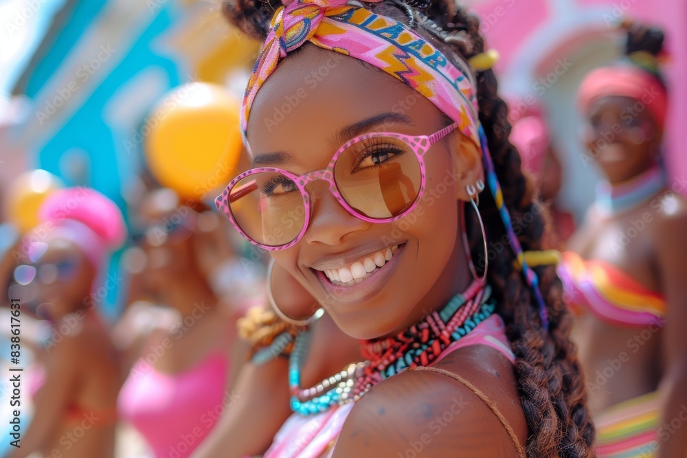 Woman with vibrant glasses and headscarf at outdoor festival Woman with vibrant glasses and headscarf at outdoor festival
