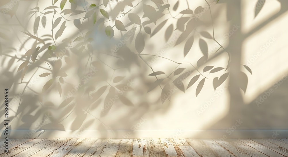 3D Rendering of a Beautiful Shadow on a Wall Background. A Minimalistic Light Beige and White Wall with a Wooden Floor, Sunlight and Tree Leaf Shadows in the Style of Nature. 3D Rendering of a Beautiful Shadow on a Wall Background. A Minimalistic Light Beige and White Wall with a Wooden Floor, Sunlight and Tree Leaf Shadows in the Style of Nature.