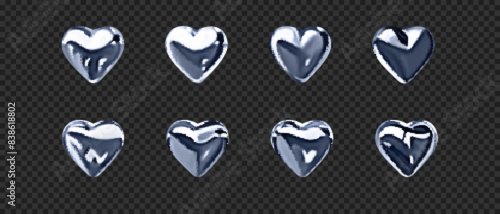 Set of 3d chrome hearts with metal gloss. Y2k style. Vector silver iridescent design elements isolated on black backdrop