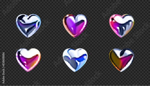 Set of 3d iridescent chrome hearts. Y2k style. Holographic vector design elements isolated on dark backdrop
