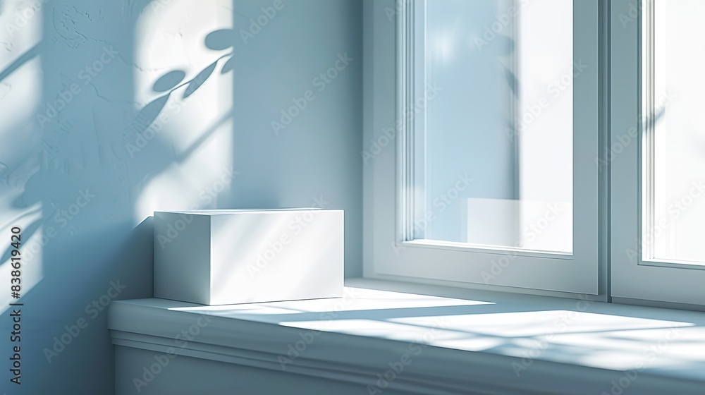 Fototapeta premium A Minimalist White Box on the Windowsill, with Soft Sunlight Streaming in from Outside through the Window, Casting Gentle Shadows across its Surface.
