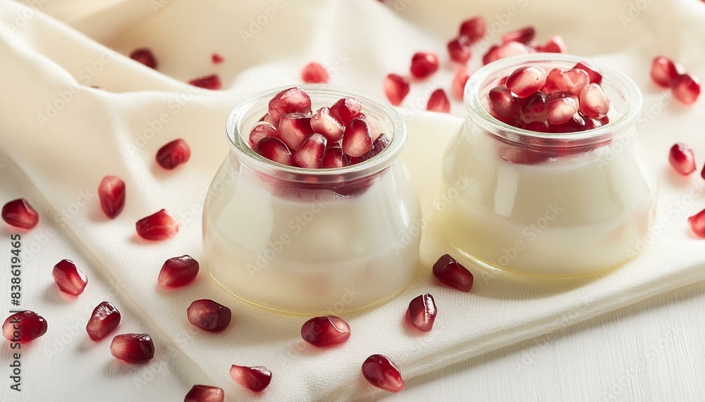 Close up of pomegranate seeds topped homemade yogurt Close up of pomegranate seeds topped homemade yogurt