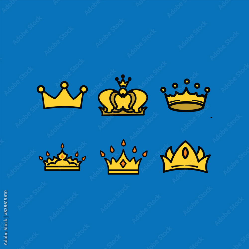Set of crowns. Isolated on blue background. Illustration design elements for a collection of gold crown icons which symbolize luxury and premium Set of crowns. Isolated on blue background. Illustration design elements for a collection of gold crown icons which symbolize luxury and premium