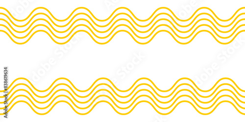 Wavy yellow horizontal lines on white background. Noodle or ramen texture. Pasta, tagliatelle or macaroni pattern. Curvy spaghetti banner. Traditional Italian of Japan food print. Vector illustration.