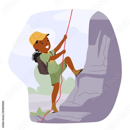 Young African-american Girl Scout Enthusiastically Climbing A Rock, Equipped With Rope And Harness In A Natural Setting