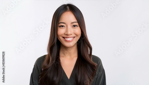 Close up photo portrait of smiling beautiful Japanese woman with long dark hair isolated on white background