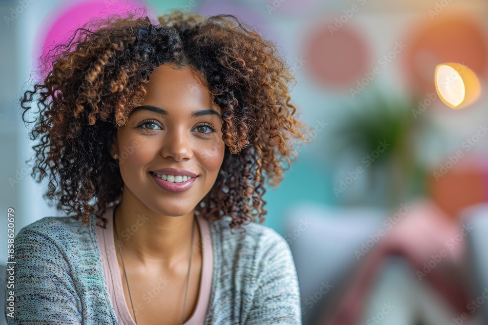 Smiling woman with curly hair in bright, colorful room Smiling woman with curly hair in bright, colorful room