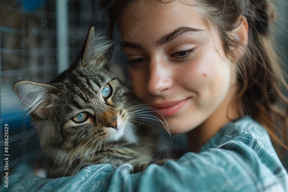 Young woman cuddling with her tabby cat at home Young woman cuddling with her tabby cat at home
