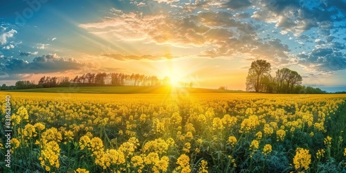 Panoramic view of a rapeseed field at sunset with a beautiful sky, beautiful yellow flowers in the foreground, a large area of land with many flower fields