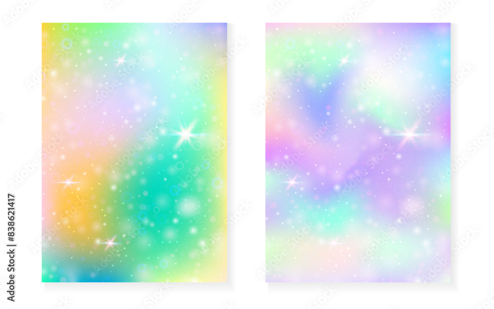 Rainbow background with kawaii princess gradient. Magic unicorn hologram. Holographic fairy set. Mystical fantasy cover. Rainbow background with sparkles and stars for cute girl party invitation. Rainbow background with kawaii princess gradient. Magic unicorn hologram. Holographic fairy set. Mystical fantasy cover. Rainbow background with sparkles and stars for cute girl party invitation.