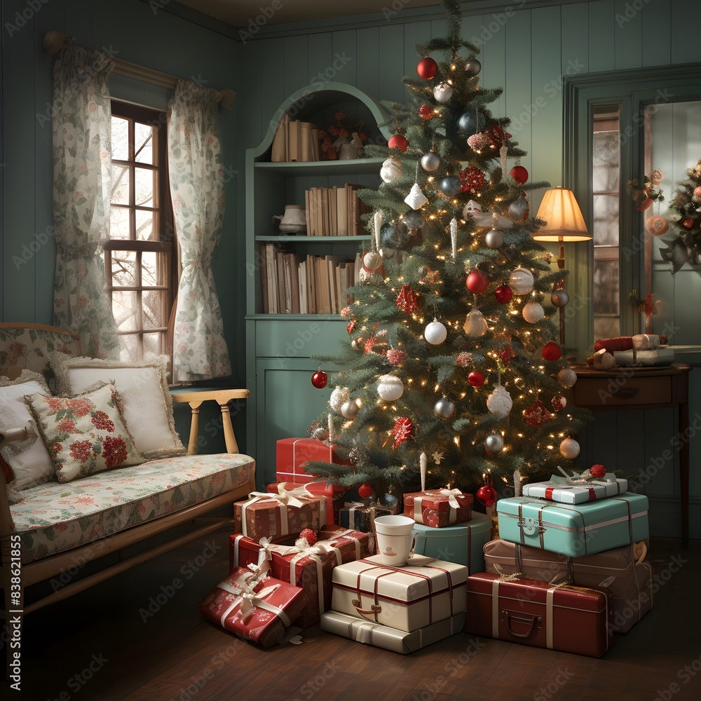 Christmas living room with christmas tree and presents. 3d rendering
