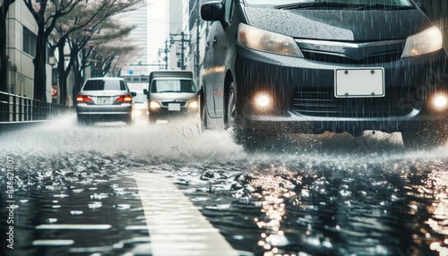 冠水した道路を走る自動車