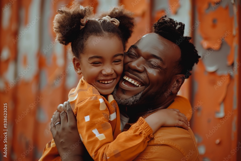 A father and daughter hug and laugh in front of a brightly painted orange wall A father and daughter hug and laugh in front of a brightly painted orange wall