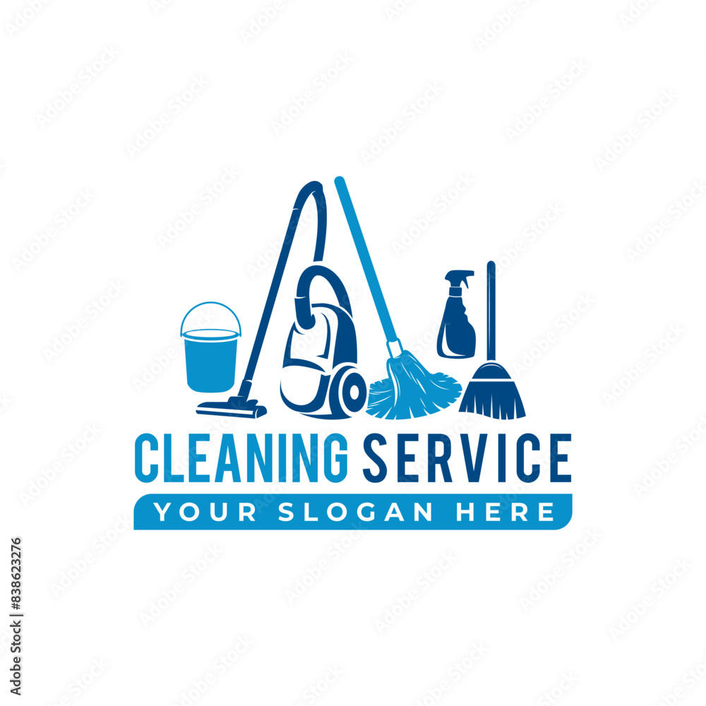 House cleaning service logo design. House with vacuum cleaner, bucket and cleaning products vector House cleaning service logo design. House with vacuum cleaner, bucket and cleaning products vector