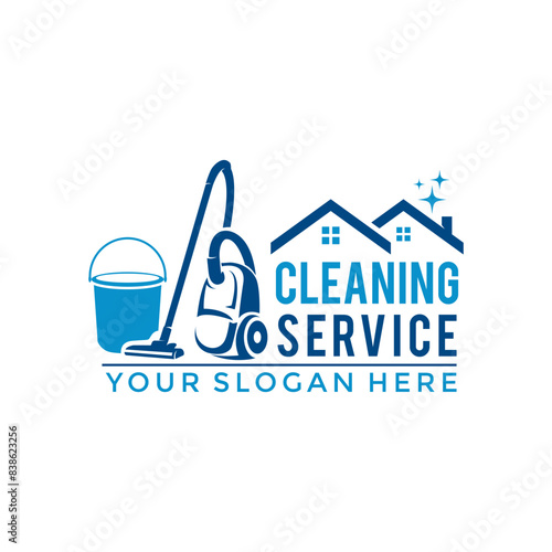 House cleaning service logo design. House with vacuum cleaner, bucket and cleaning products
