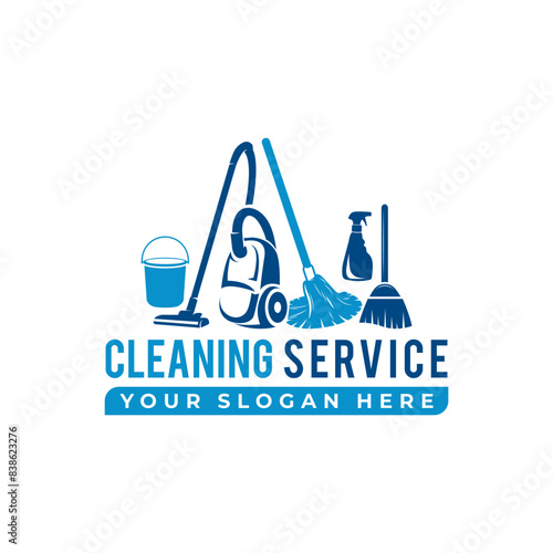 House cleaning service logo design. House with vacuum cleaner, bucket and cleaning products vector