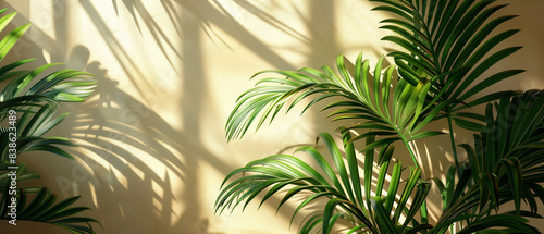 Palm leaf wallpaper. Tropical green leaves drop shadows on beige wall  empty room background illustration. Fresh tropical leaves backdrop