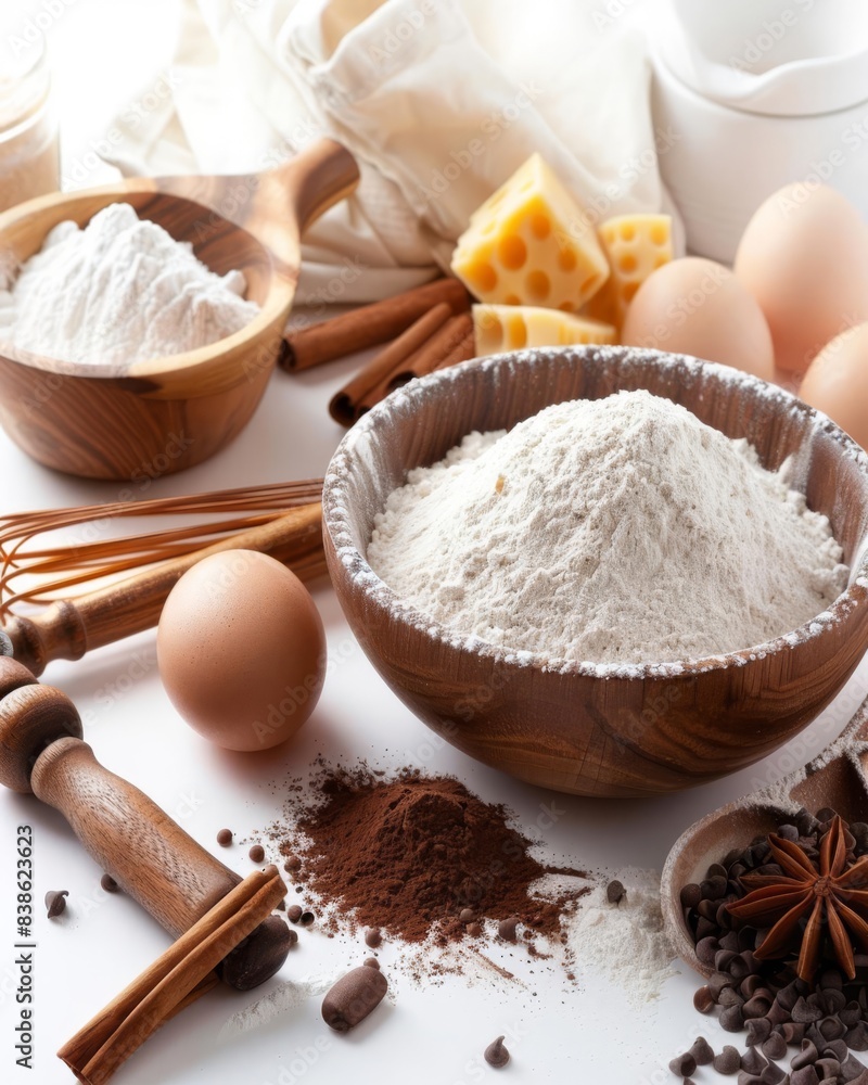 Assorted baking ingredients and tools on a white background, realistic photo stockphoto style. Assorted baking ingredients and tools on a white background, realistic photo stockphoto style.