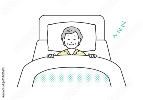 ベッドで笑顔で熟睡するパジャマ姿の高齢女性のイラスト
