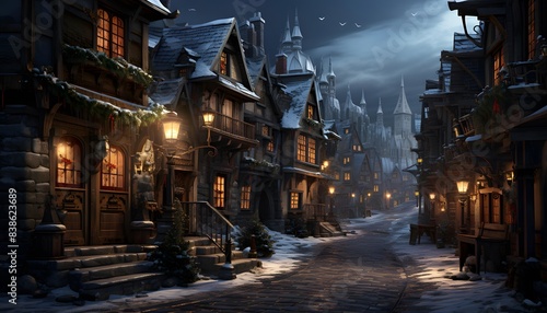 Fantasy winter landscape with wooden houses in the village at night.