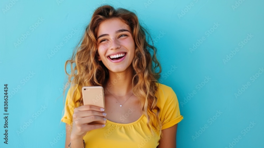 beautiful teenage girl smiling on blue background beautiful teenage girl smiling on blue background