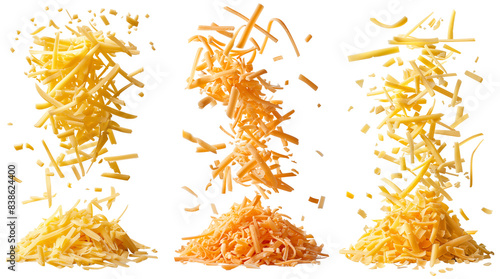Falling grated cheese. Cheese shavings falls into cheese heap, delicious cheese for cooking isolated set on transparent background. Cut out grated cheese collection