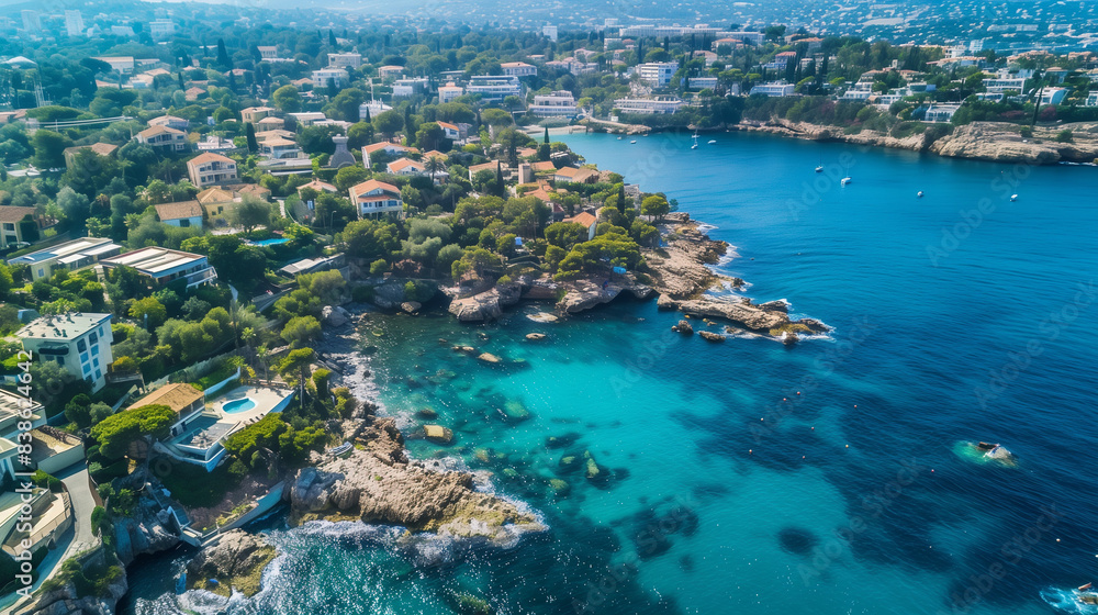 view of a rocky coast blue water and homes from aerial view view of a rocky coast blue water and homes from aerial view
