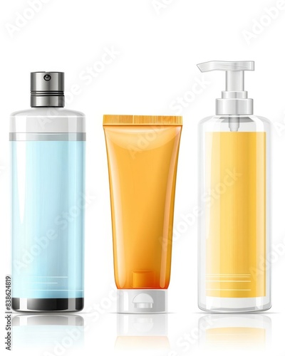 Set of travelsized toiletries on a white background, realistic photo stockphoto style. photo