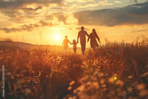A happy family walks through a field at sunset