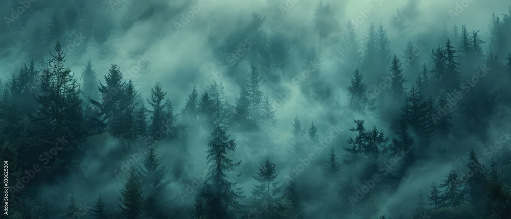 Dense forest with fog, mysterious and calm, cool tones, tranquil scene, copy space Dense forest with fog, mysterious and calm, cool tones, tranquil scene, copy space