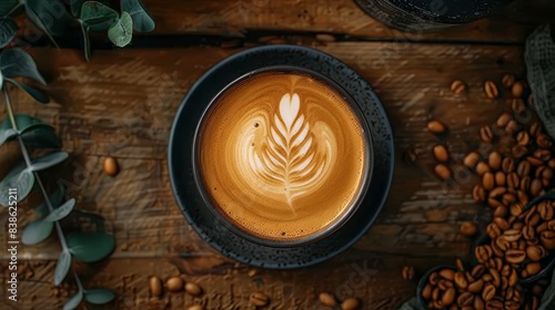 Freshly brewed coffee with latte art, top view, warm tones