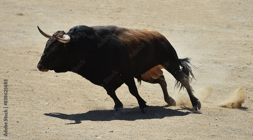 un toro bravo español con grandes cuernos en un espectaculo taurino en españa un toro bravo español con grandes cuernos en un espectaculo taurino en españa