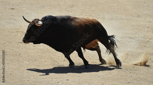 un toro bravo español con grandes cuernos en un espectaculo taurino en españa