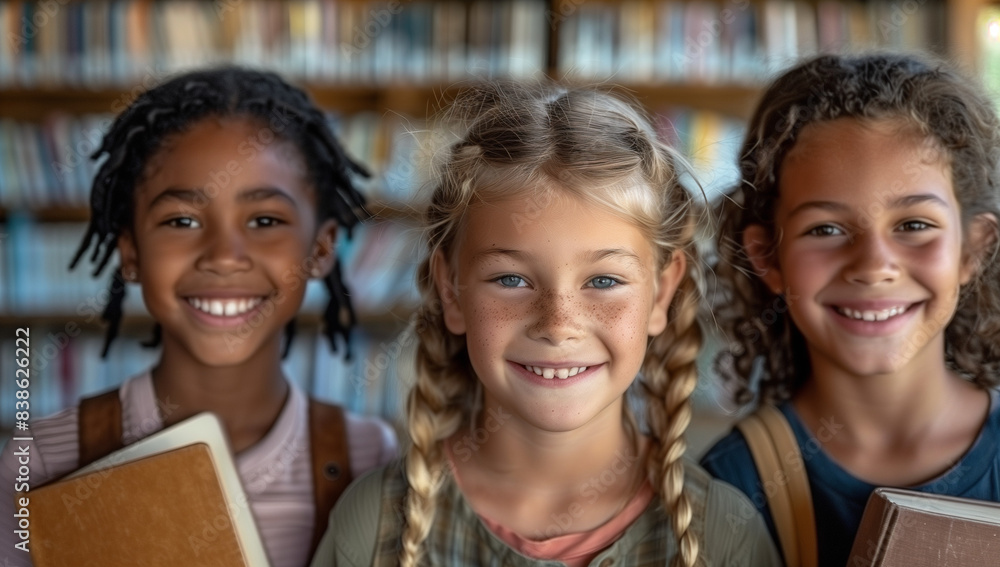 Joyful School Children Smiling in Library with Books Joyful School Children Smiling in Library with Books