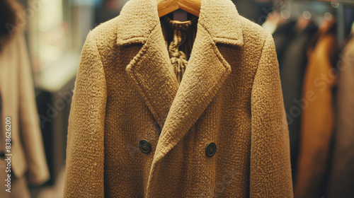 beige peacoat hanging up in a shop in a wardrobe  photo