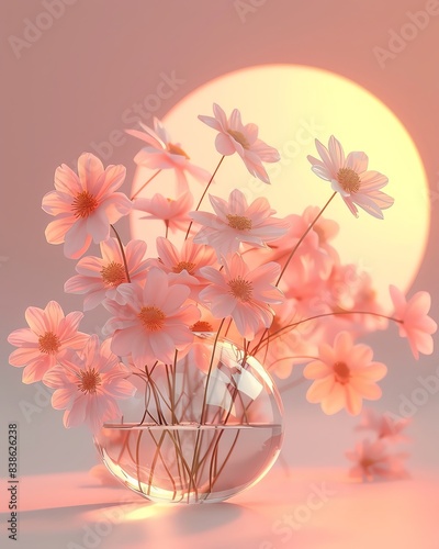 Beautiful pink flowers in a glass vase against a warm, glowing backdrop, creating a serene and elegant atmosphere.