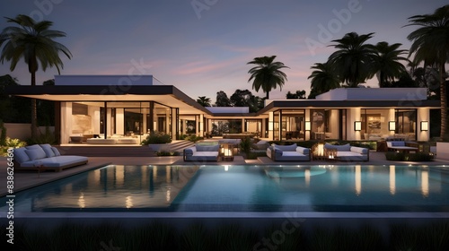 Swimming pool of luxury villa at night. Panorama.