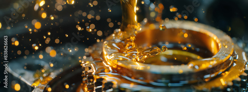 Close-up view of a metal bearing with dynamic oil splashes, symbolizing machinery lubrication and maintenance