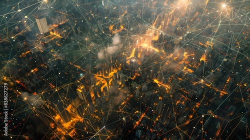 Satellite view of a sprawling digital metropolis, buzzing with electronic life and interconnected data streams photo